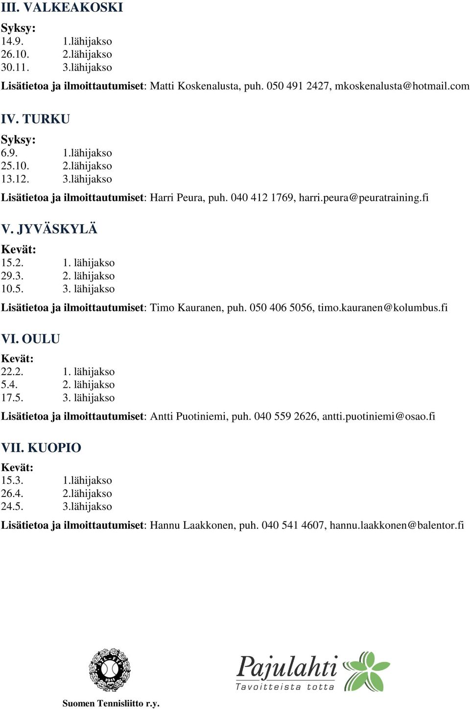 050 406 5056, timo.kauranen@kolumbus.fi VI. OULU 22.2. 1. lähijakso 5.4. 2. lähijakso 17.5. 3. lähijakso Antti Puotiniemi, puh. 040 559 2626, antti.