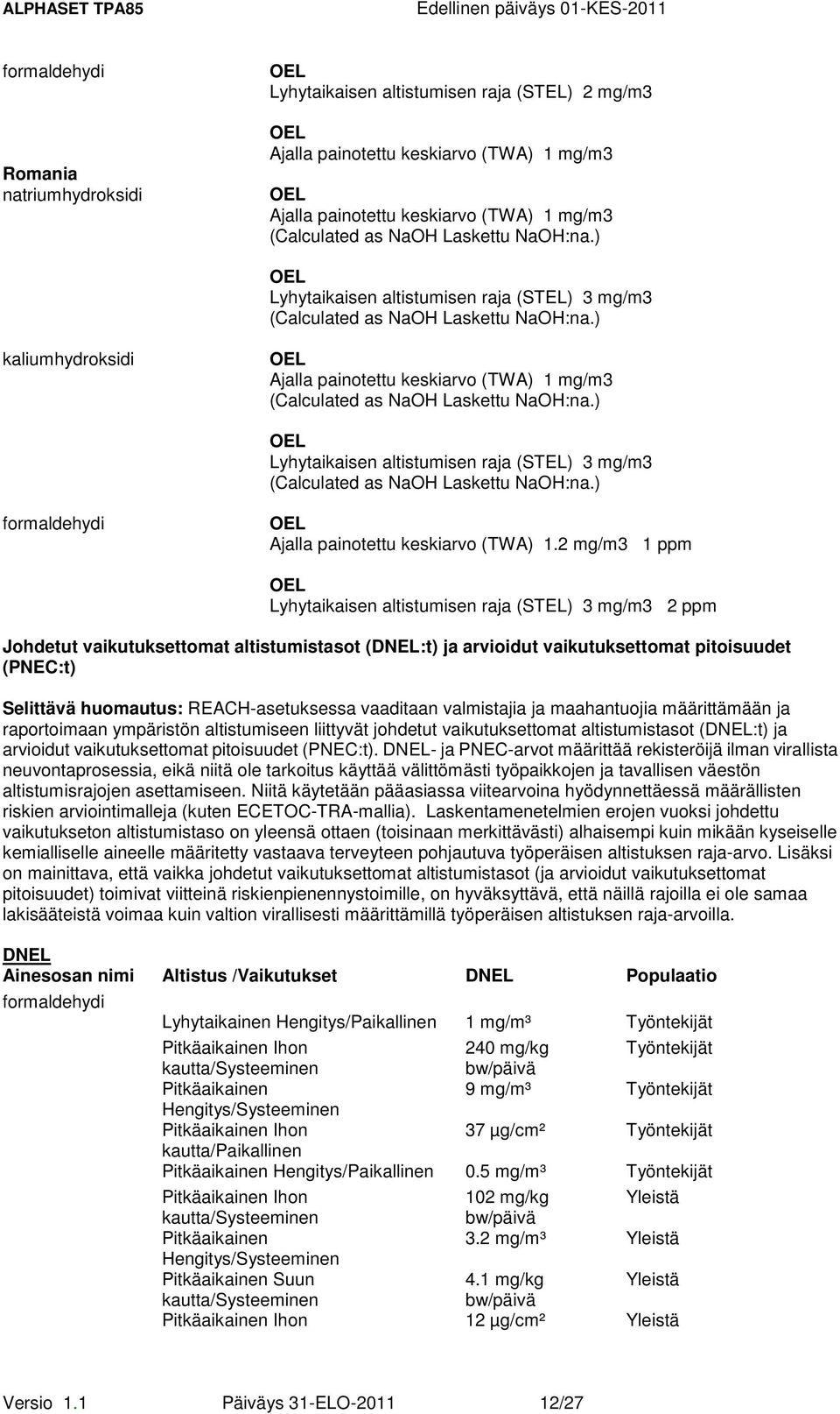 ) Lyhytaikaisen altistumisen raja (STEL) 3 mg/m3 (Calculated as NaOH Laskettu NaOH:na.) Ajalla painotettu keskiarvo (TWA) 1.