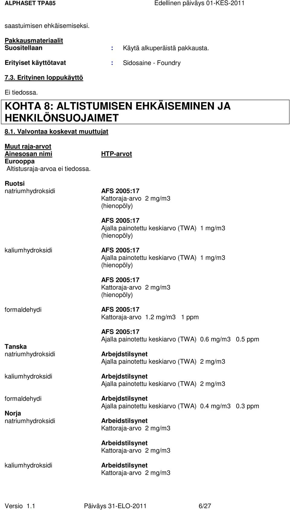 HTP-arvot Ruotsi AFS 2005:17 Kattoraja-arvo 2 mg/m3 (hienopöly) AFS 2005:17 Ajalla painotettu keskiarvo (TWA) 1 mg/m3 (hienopöly) AFS 2005:17 Ajalla painotettu keskiarvo (TWA) 1 mg/m3 (hienopöly) AFS