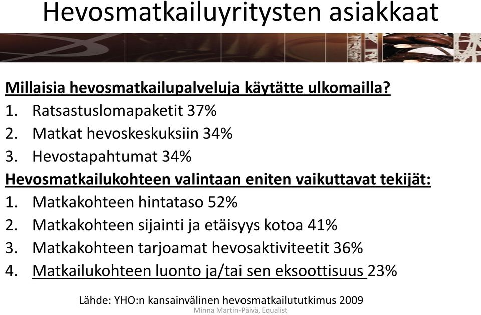 Hevostapahtumat 34% Hevosmatkailukohteen valintaan eniten vaikuttavat tekijät: 1. Matkakohteen hintataso 52% 2.