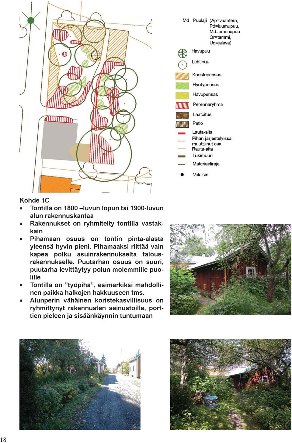 Puutarhan osuus on suuri, puutarha levittäytyy polun molemmille puolille Tontilla on työpiha, esimerkiksi mahdollinen paikka