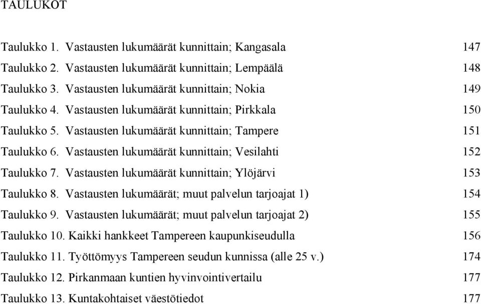 Vastausten lukumäärät kunnittain; Ylöjärvi 153 Taulukko 8. Vastausten lukumäärät; muut palvelun tarjoajat 1) 154 Taulukko 9. Vastausten lukumäärät; muut palvelun tarjoajat 2) 155 Taulukko 10.