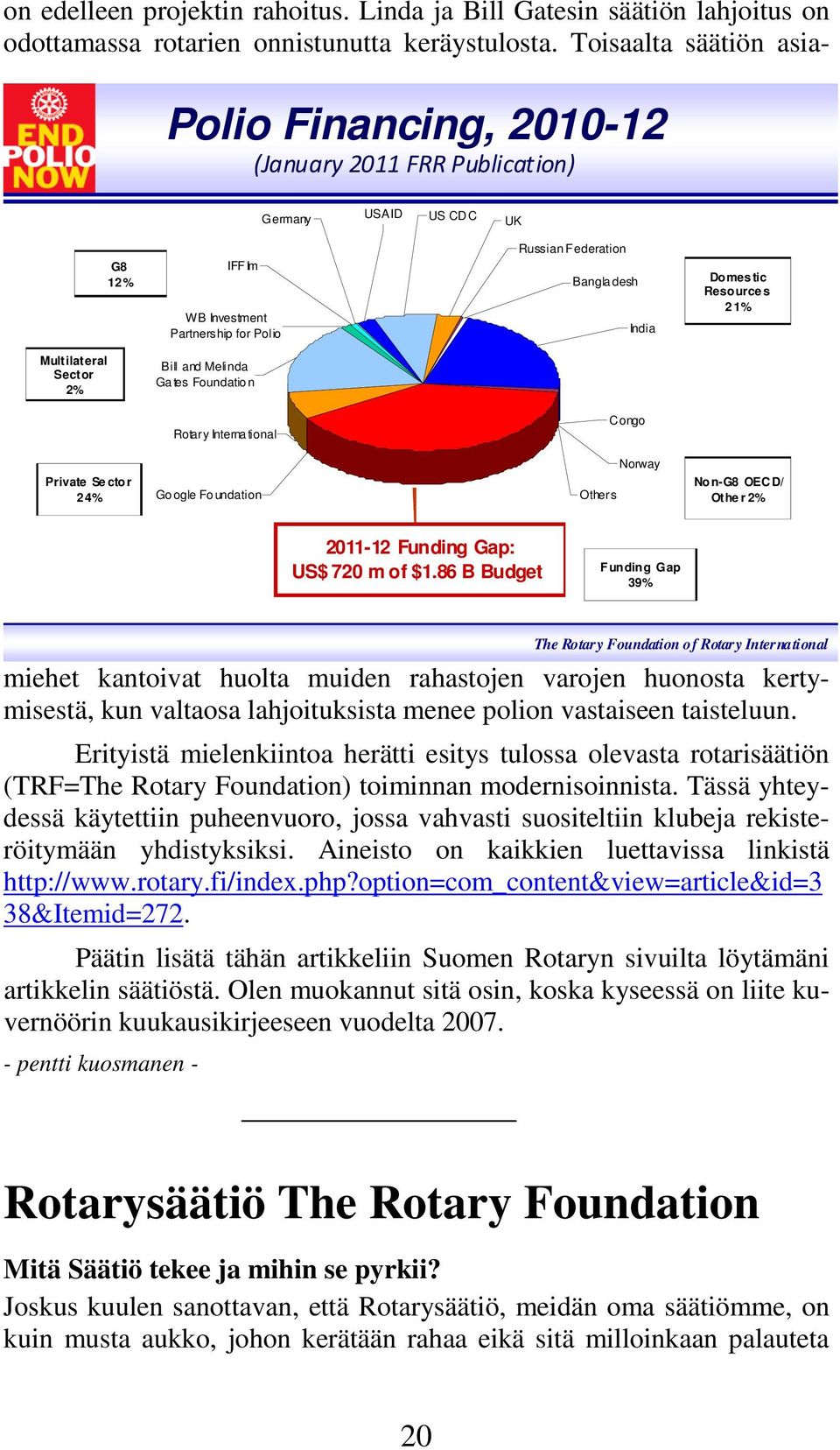 86 B Budget Funding Gap 39% on edelleen projektin rahoitus. Linda ja Bill Gatesin säätiön lahjoitus on odottamassa rotarien onnistunutta keräystulosta.