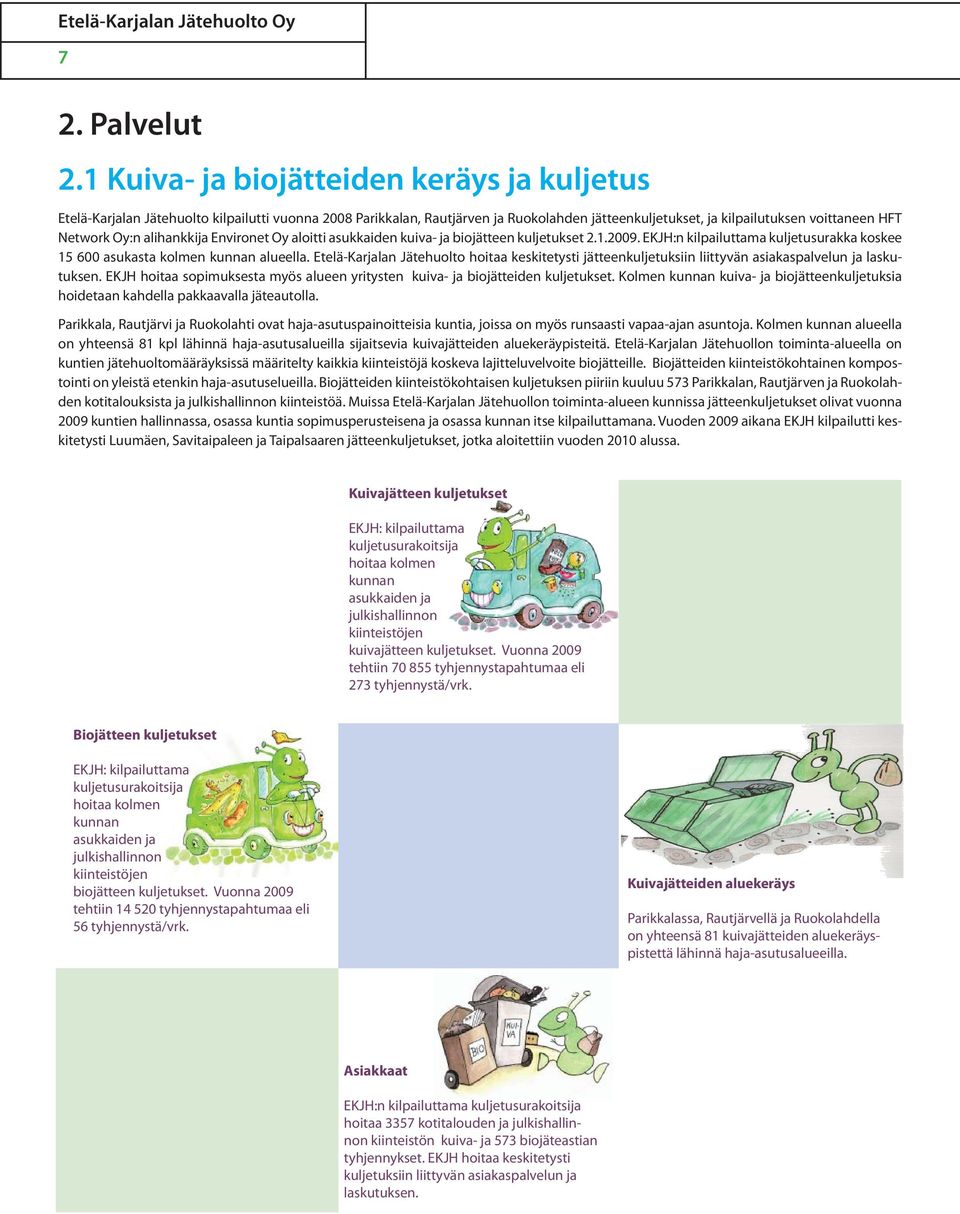 alihankkija Environet Oy aloitti asukkaiden kuiva- ja biojätteen kuljetukset 2.1.2009. EKJH:n kilpailuttama kuljetusurakka koskee 15 600 asukasta kolmen kunnan alueella.