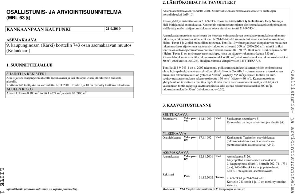 SUUNNITTELUALUE SIJAINTI JA REKISTERI Alue sijaitsee Kärjenpelon alueella Kelankaaren ja sen eteläpuoleisen ulkoilureitin välisellä alueella. Korttelin 743 tonttijako on vahvistettu 12.11.2001.