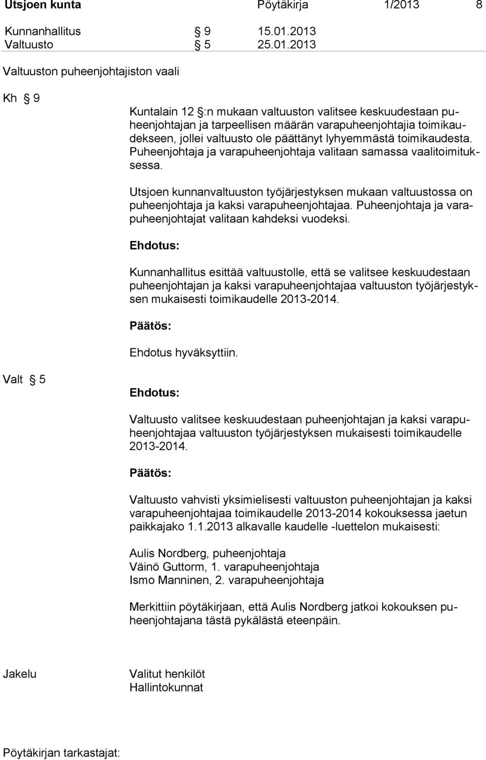 2013 Valtuusto 5 25.01.2013 Valtuuston puheenjohtajiston vaali Kh 9 Kuntalain 12 :n mukaan valtuuston valitsee keskuudestaan puheenjohtajan ja tarpeellisen määrän varapuheenjohtajia toimikaudekseen,