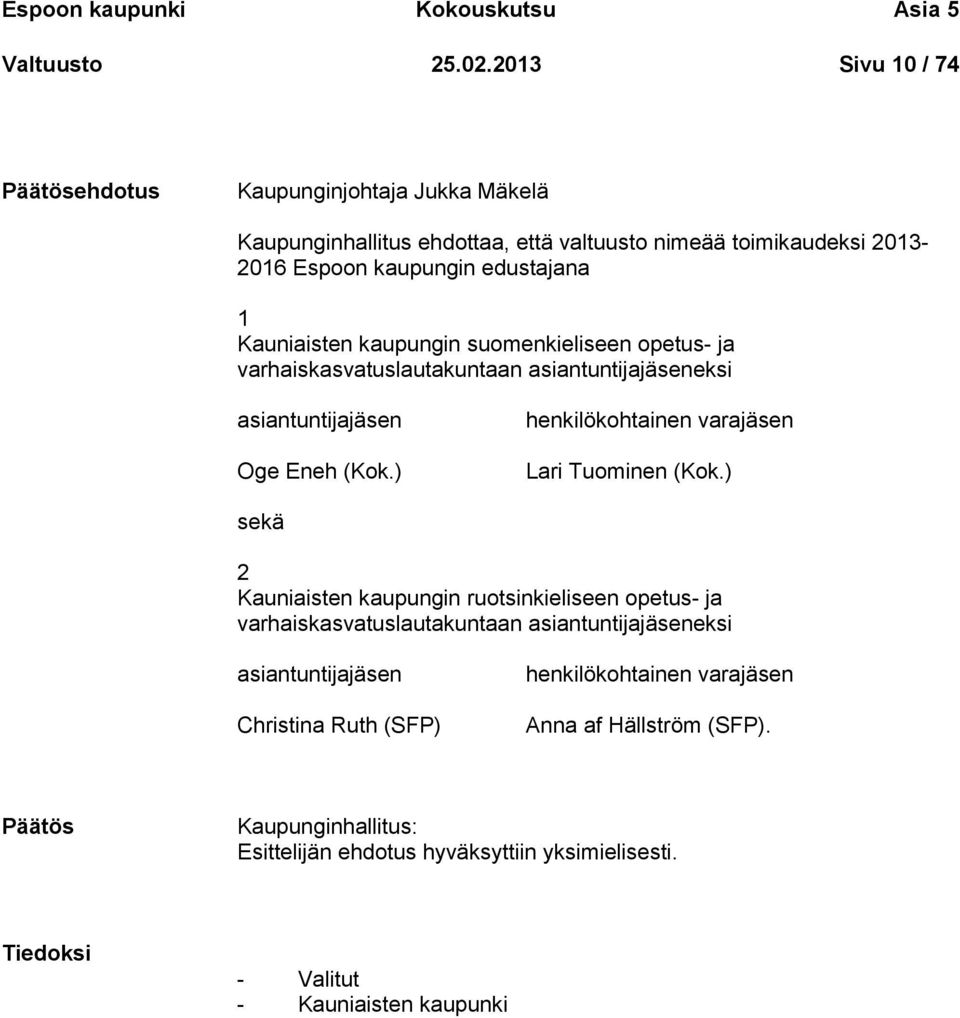 kaupungin suomenkieliseen opetus- ja varhaiskasvatuslautakuntaan asiantuntijajäseneksi asiantuntijajäsen Oge Eneh (Kok.) henkilökohtainen varajäsen Lari Tuominen (Kok.
