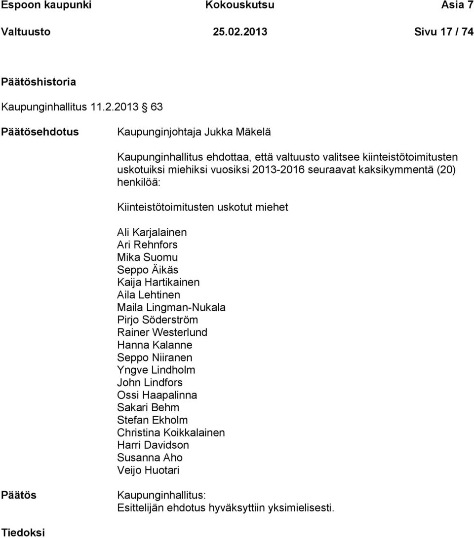 kiinteistötoimitusten uskotuiksi miehiksi vuosiksi 2013-2016 seuraavat kaksikymmentä (20) henkilöä: Kiinteistötoimitusten uskotut miehet Ali Karjalainen Ari Rehnfors Mika Suomu Seppo