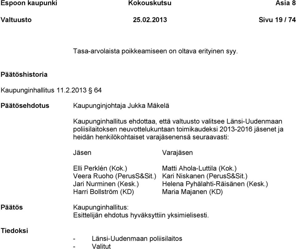 ehdottaa, että valtuusto valitsee Länsi-Uudenmaan poliisilaitoksen neuvottelukuntaan toimikaudeksi 2013-2016 jäsenet ja heidän henkilökohtaiset varajäsenensä seuraavasti: Jäsen