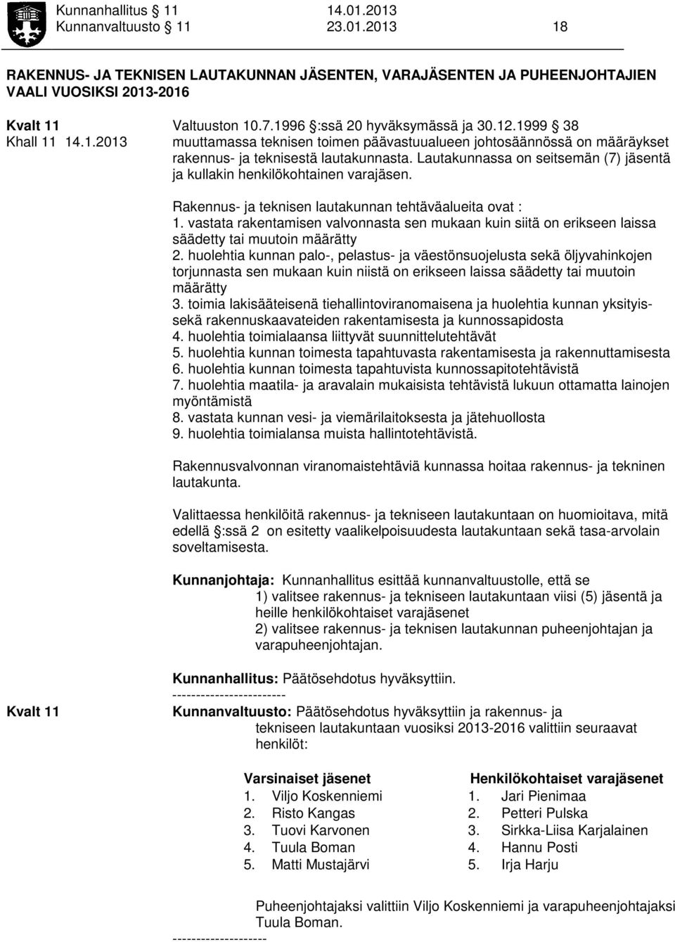 Lautakunnassa on seitsemän (7) jäsentä ja kullakin henkilökohtainen varajäsen. Rakennus- ja teknisen lautakunnan tehtäväalueita ovat : 1.