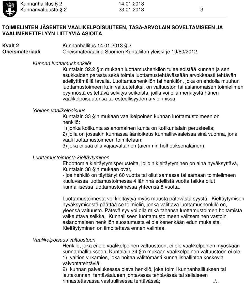 yleiskirje 19/80/2012. Kunnan luottamushenkilöt Kuntalain 32.