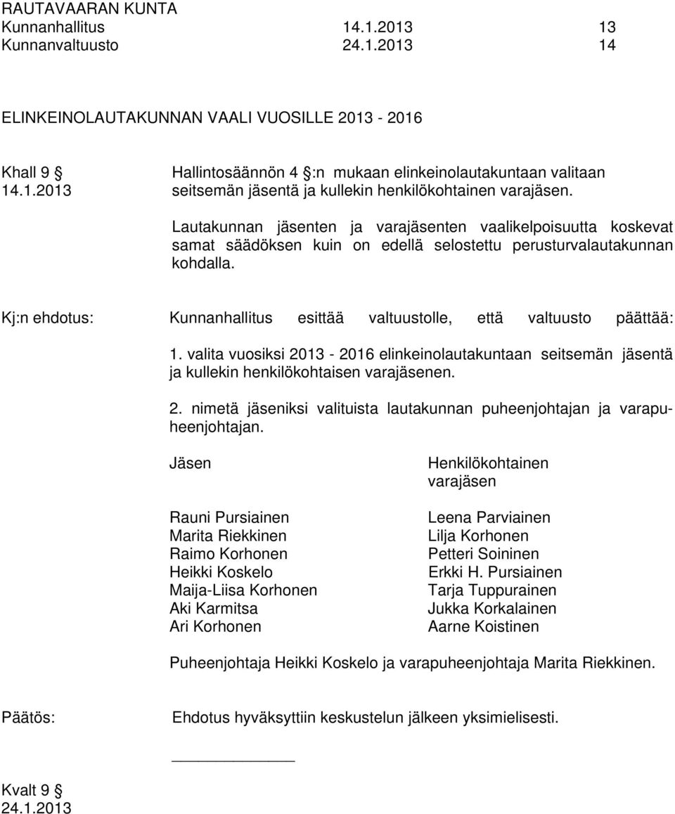 Kj:n ehdotus: Kunnanhallitus esittää valtuustolle, että valtuusto päättää: 1. valita vuosiksi 2013-2016 elinkeinolautakuntaan seitsemän jäsentä ja kullekin henkilökohtaisen varajäsenen. 2. nimetä jäseniksi valituista lautakunnan puheenjohtajan ja varapuheenjohtajan.