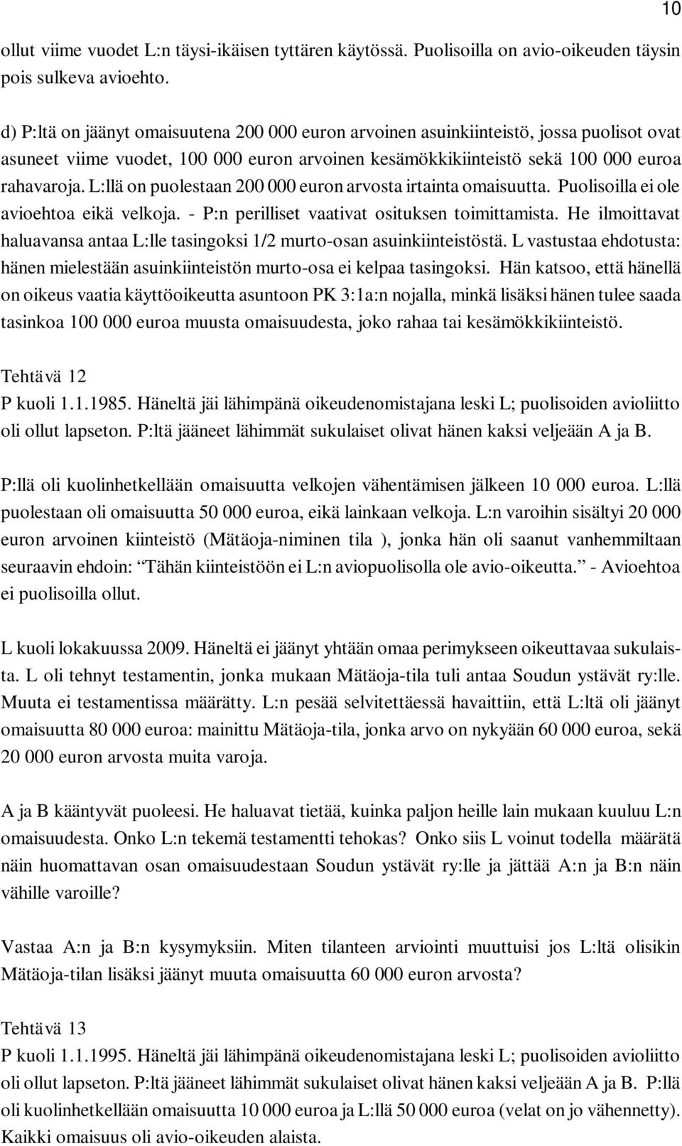 L:llä on puolestaan 200 000 euron arvosta irtainta omaisuutta. Puolisoilla ei ole avioehtoa eikä velkoja. - P:n perilliset vaativat osituksen toimittamista.