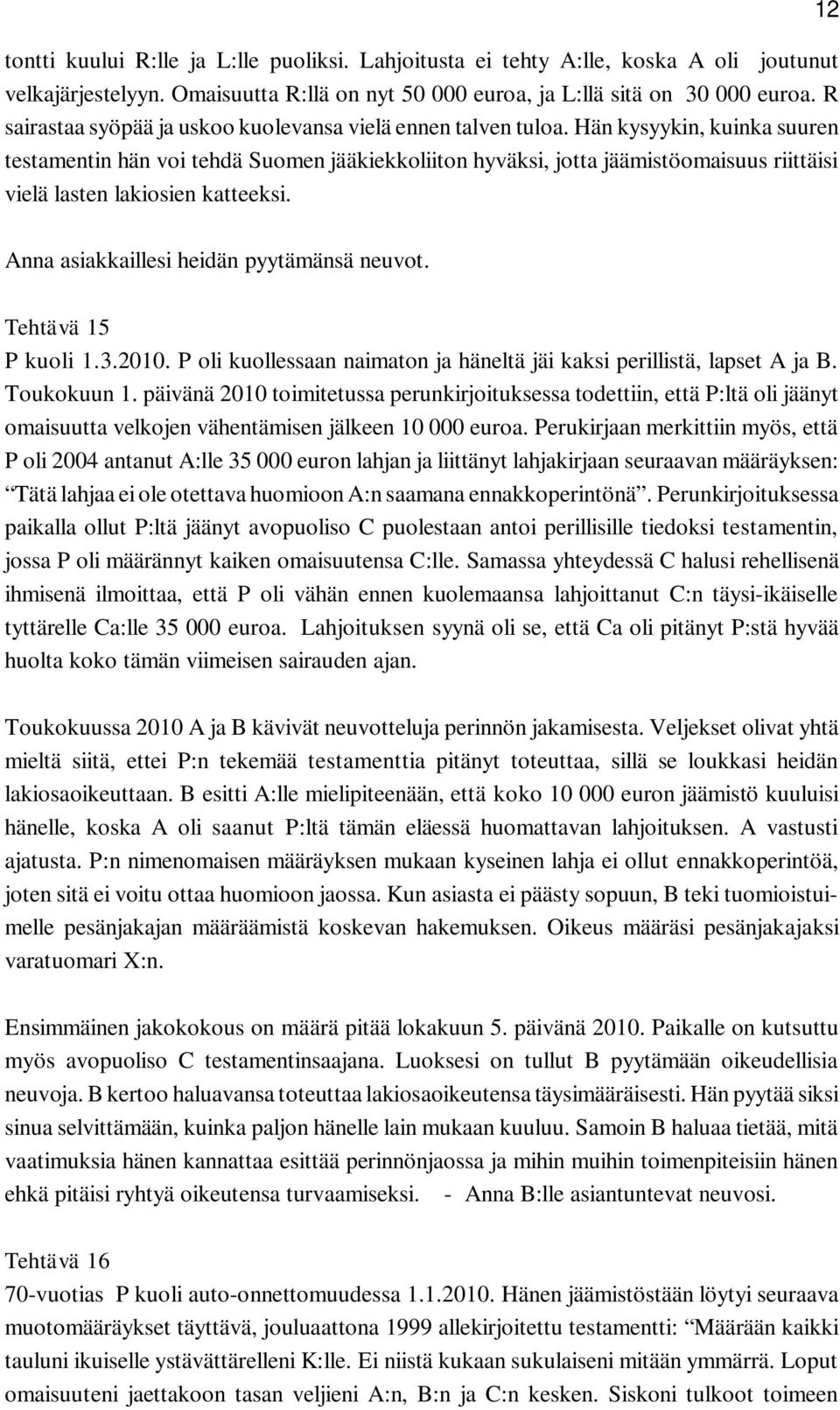 Hän kysyykin, kuinka suuren testamentin hän voi tehdä Suomen jääkiekkoliiton hyväksi, jotta jäämistöomaisuus riittäisi vielä lasten lakiosien katteeksi. 12 Anna asiakkaillesi heidän pyytämänsä neuvot.