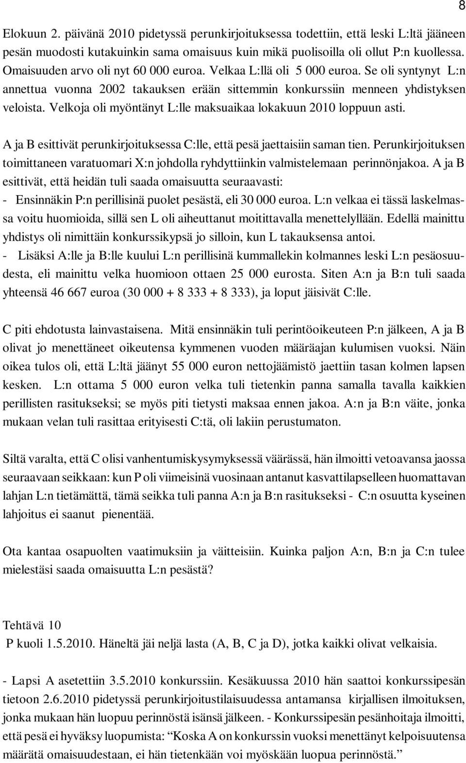 Velkoja oli myöntänyt L:lle maksuaikaa lokakuun 2010 loppuun asti. 8 A ja B esittivät perunkirjoituksessa C:lle, että pesä jaettaisiin saman tien.