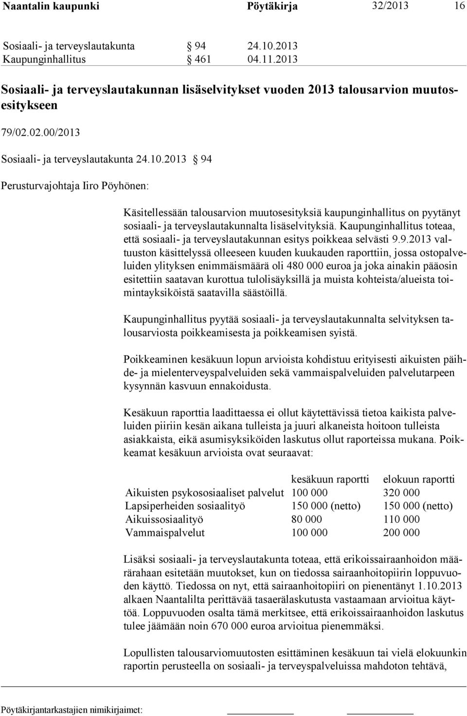 2013 94 Perusturvajohtaja Iiro Pöyhönen: Käsitellessään talousarvion muutosesityksiä kaupunginhallitus on pyytänyt sosiaali- ja terveyslautakunnalta lisäselvityksiä.