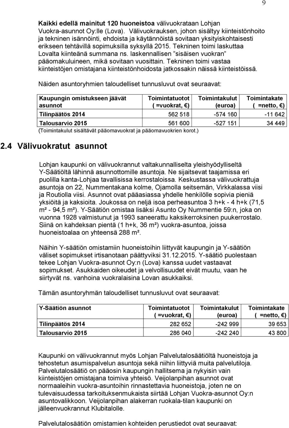 Tekninen toimi laskuttaa Lovalta kiinteänä summana ns. laskennallisen sisäisen vuokran pääomakuluineen, mikä sovitaan vuosittain.