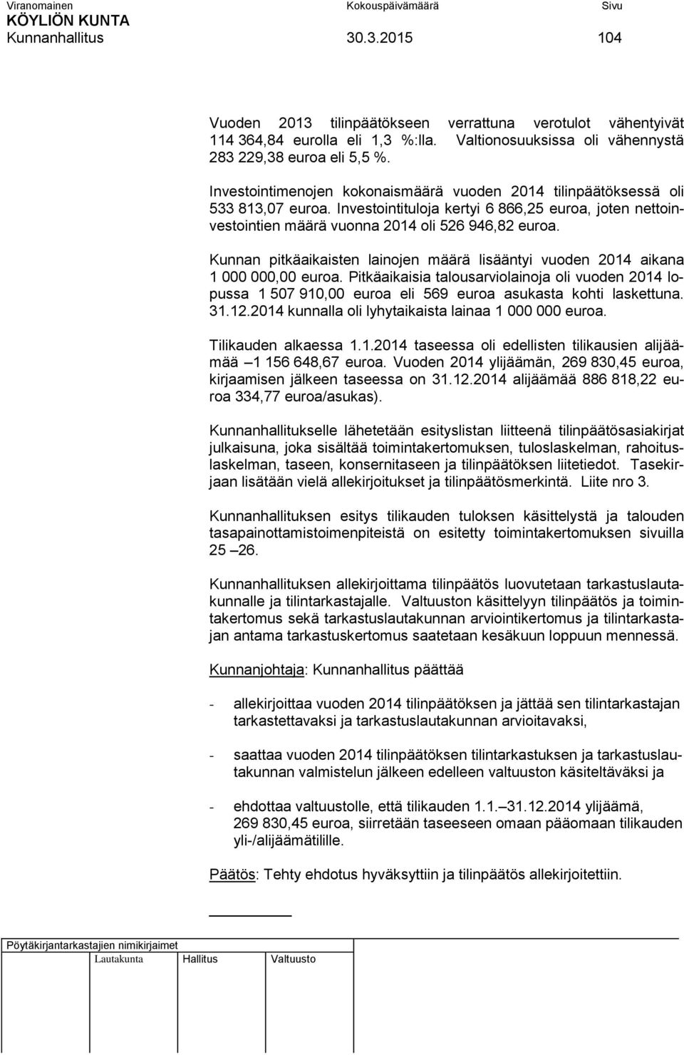 Kunnan pitkäaikaisten lainojen määrä lisääntyi vuoden 2014 aikana 1 000 000,00 euroa.