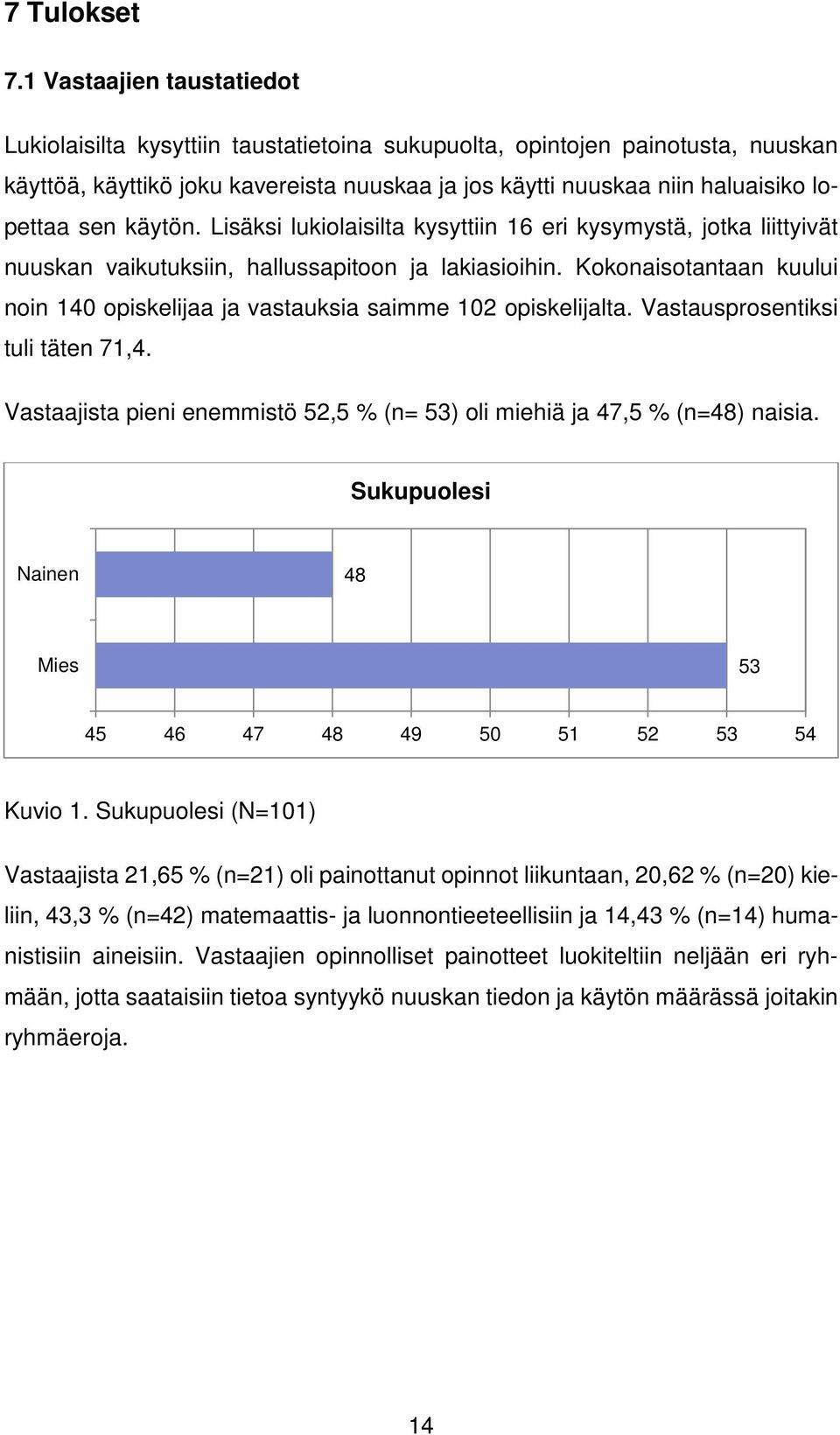 käytön. Lisäksi lukiolaisilta kysyttiin 16 eri kysymystä, jotka liittyivät nuuskan vaikutuksiin, hallussapitoon ja lakiasioihin.