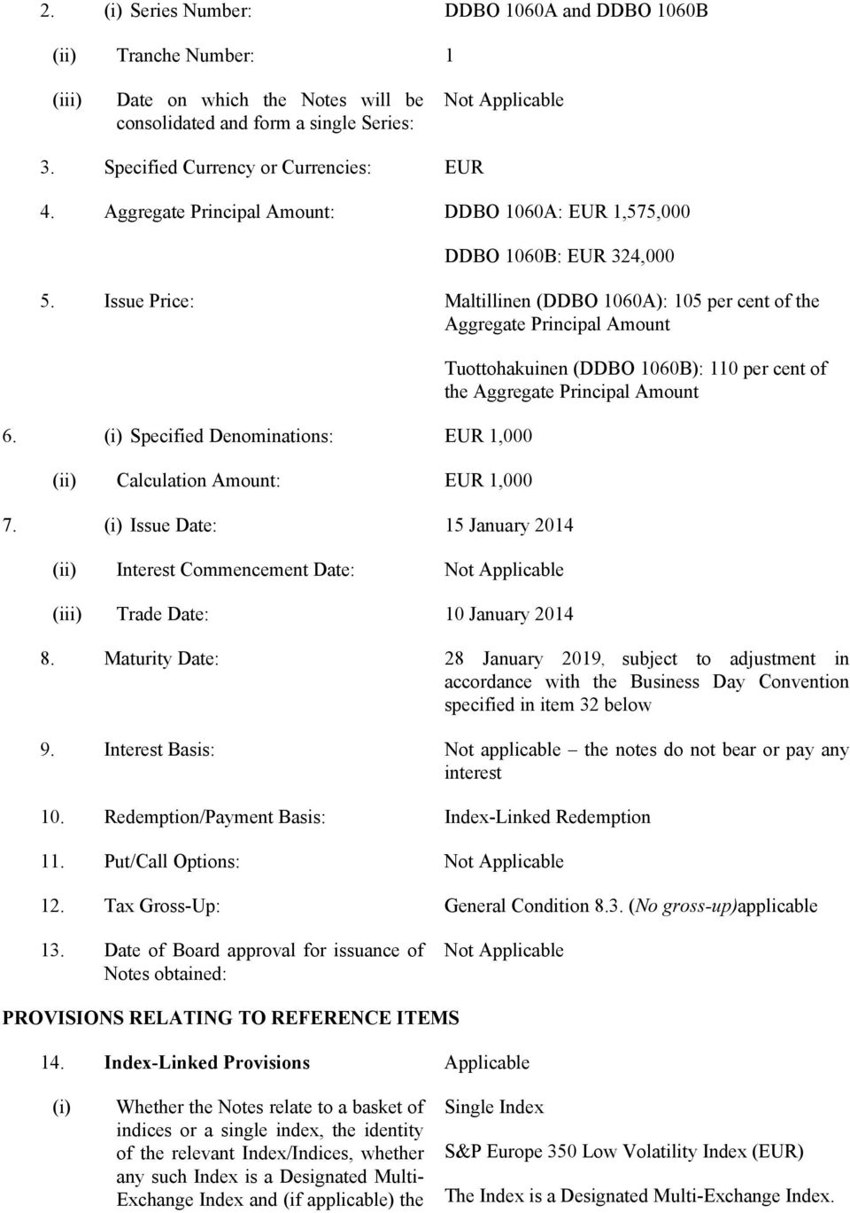 Issue Price: Maltillinen (DDBO 1060A): 105 per cent of the Aggregate Principal Amount 6. (i) Specified Denominations: EUR 1,000 (ii) Calculation Amount: EUR 1,000 7.