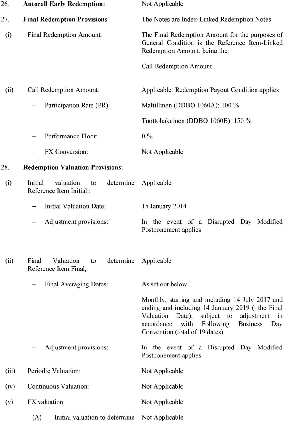 Redemption Amount, being the: Call Redemption Amount (ii) Call Redemption Amount: Applicable: Redemption Payout Condition applies Participation Rate (PR): Maltillinen (DDBO 1060A): 100 %
