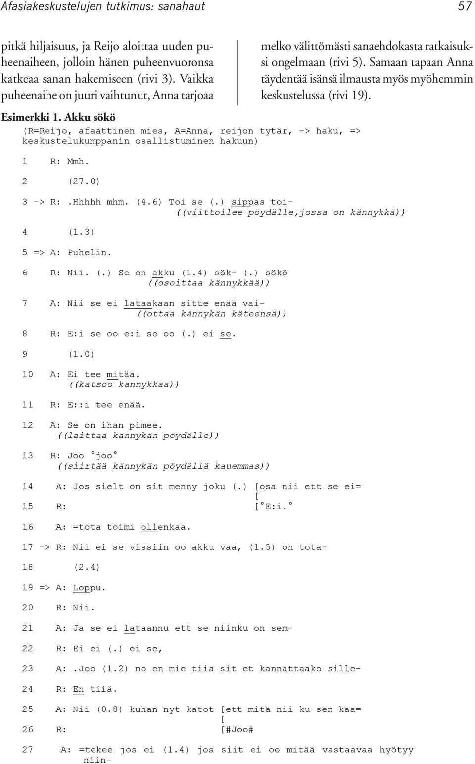 0) melko välittömästi sanaehdokasta ratkaisuksi ongelmaan (rivi 5). Samaan tapaan Anna täydentää isänsä ilmausta myös myöhemmin keskustelussa (rivi 19). 3 -> R:.Hhhhh mhm. (4.6) Toi se (.
