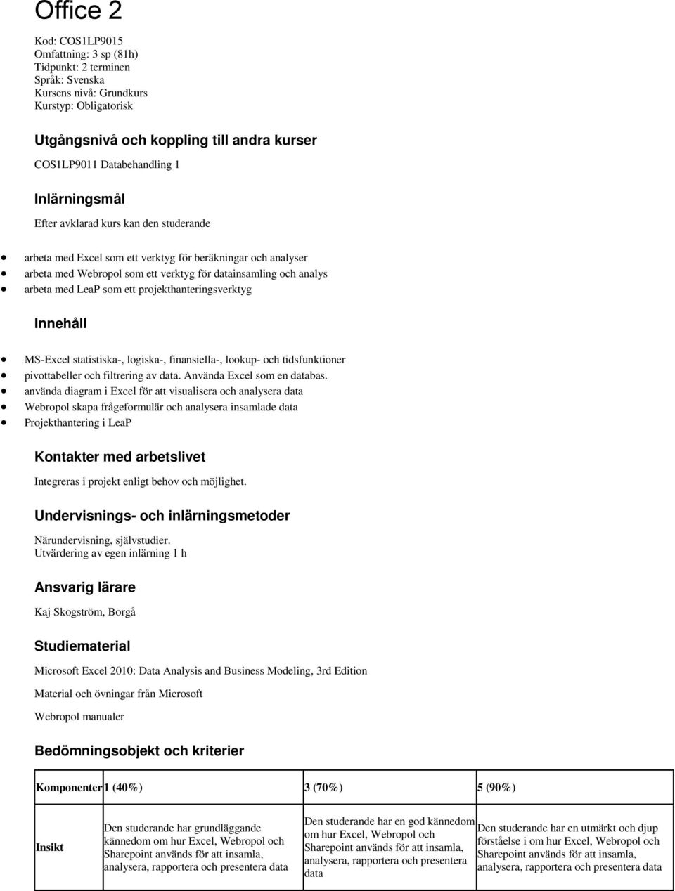 som ett projekthanteringsverktyg Innehåll MS-Excel statistiska-, logiska-, finansiella-, lookup- och tidsfunktioner pivottabeller och filtrering av data. Använda Excel som en databas.