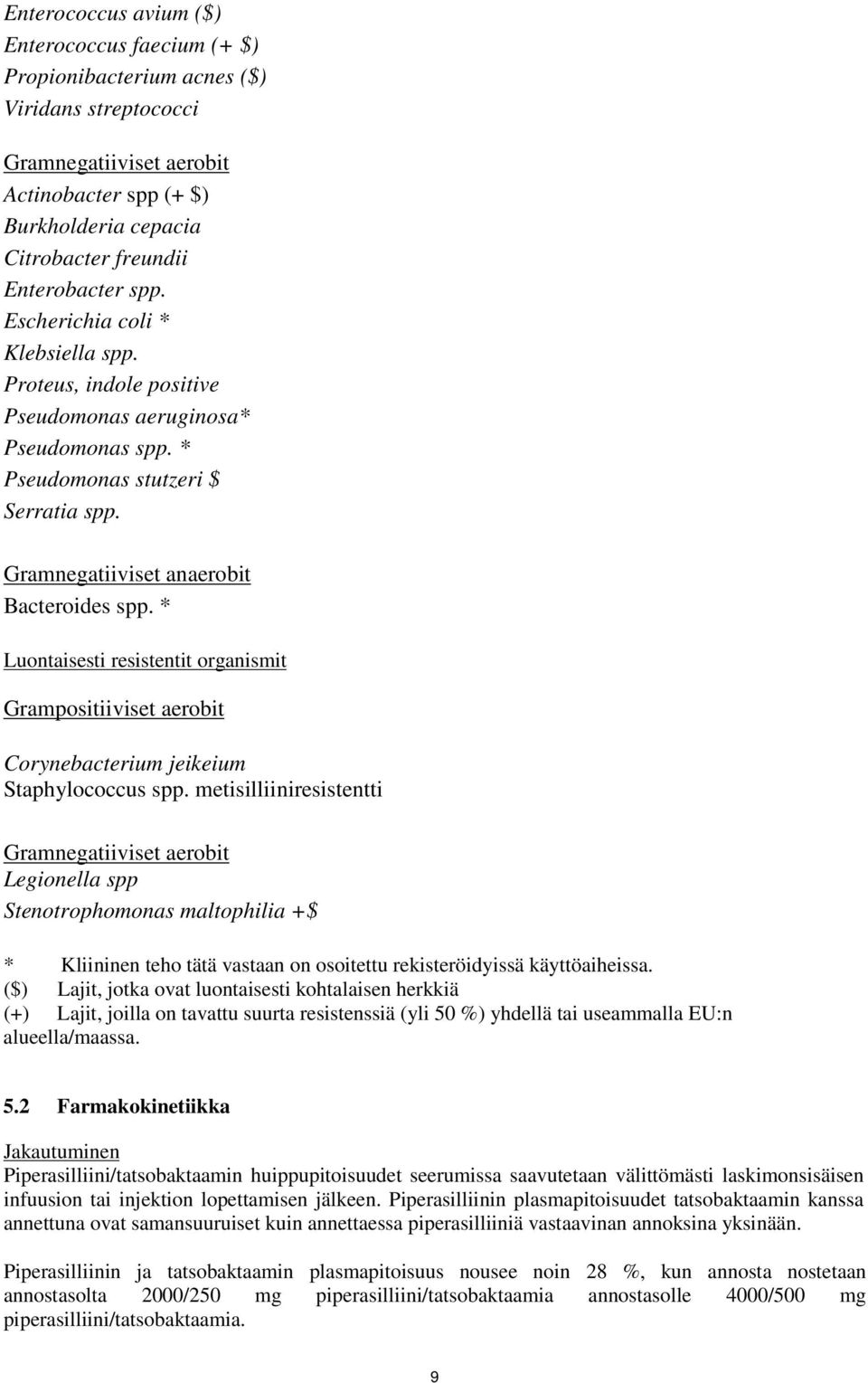 Gramnegatiiviset anaerobit Bacteroides spp. * Luontaisesti resistentit organismit Grampositiiviset aerobit Corynebacterium jeikeium Staphylococcus spp.