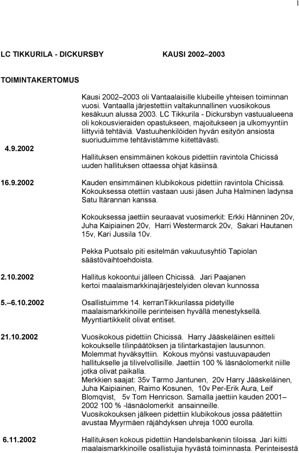 Vastuuhenkilöiden hyvän esityön ansiosta suoriuduimme tehtävistämme kiitettävästi. Hallituksen ensimmäinen kokous pidettiin ravintola Chicissä uuden hallituksen ottaessa ohjat käsiinsä. 16.9.