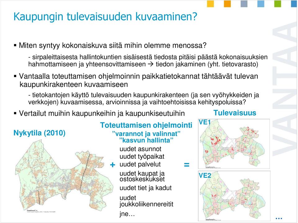 tietovarasto) Vantaalla toteuttamisen ohjelmoinnin paikkatietokannat tähtäävät tulevan kaupunkirakenteen kuvaamiseen - tietokantojen käyttö tulevaisuuden kaupunkirakenteen (ja sen vyöhykkeiden ja