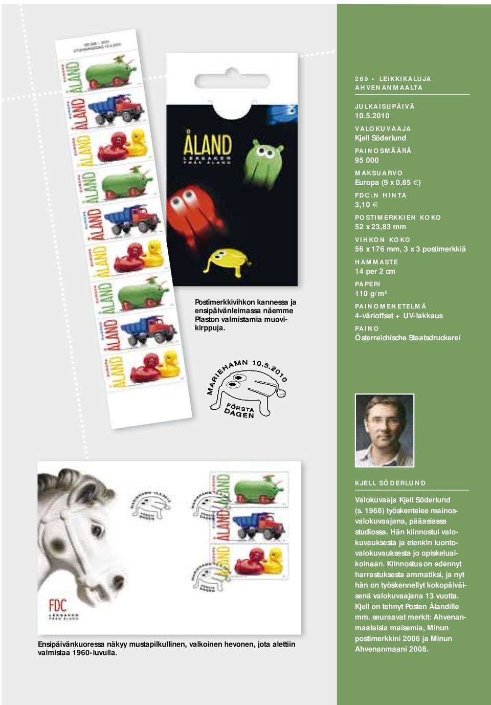110 g/m² PAINOMENETELMÄ 4-värioffset + UV-lakkaus PAINO Österreichische Staatsdruckerei KJELL SÖDERLUND Ensipäivänkuoressa näkyy mustapilkullinen, valkoinen hevonen, jota alettiin valmistaa