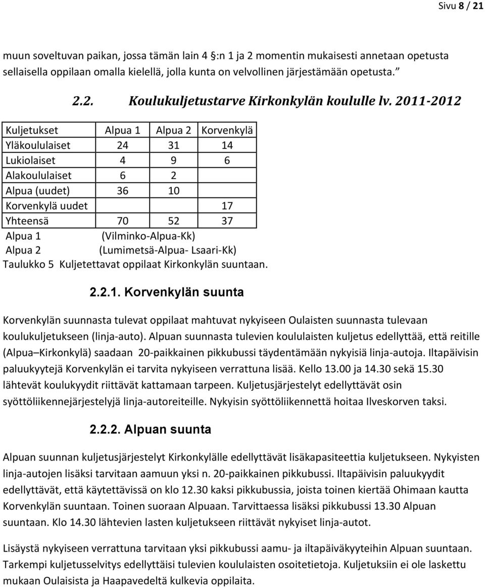 Alpua 2 (Lumimetsä Alpua Lsaari Kk) Taulukko 5 Kuljetettavat oppilaat Kirkonkylän suuntaan. 2.2.1.