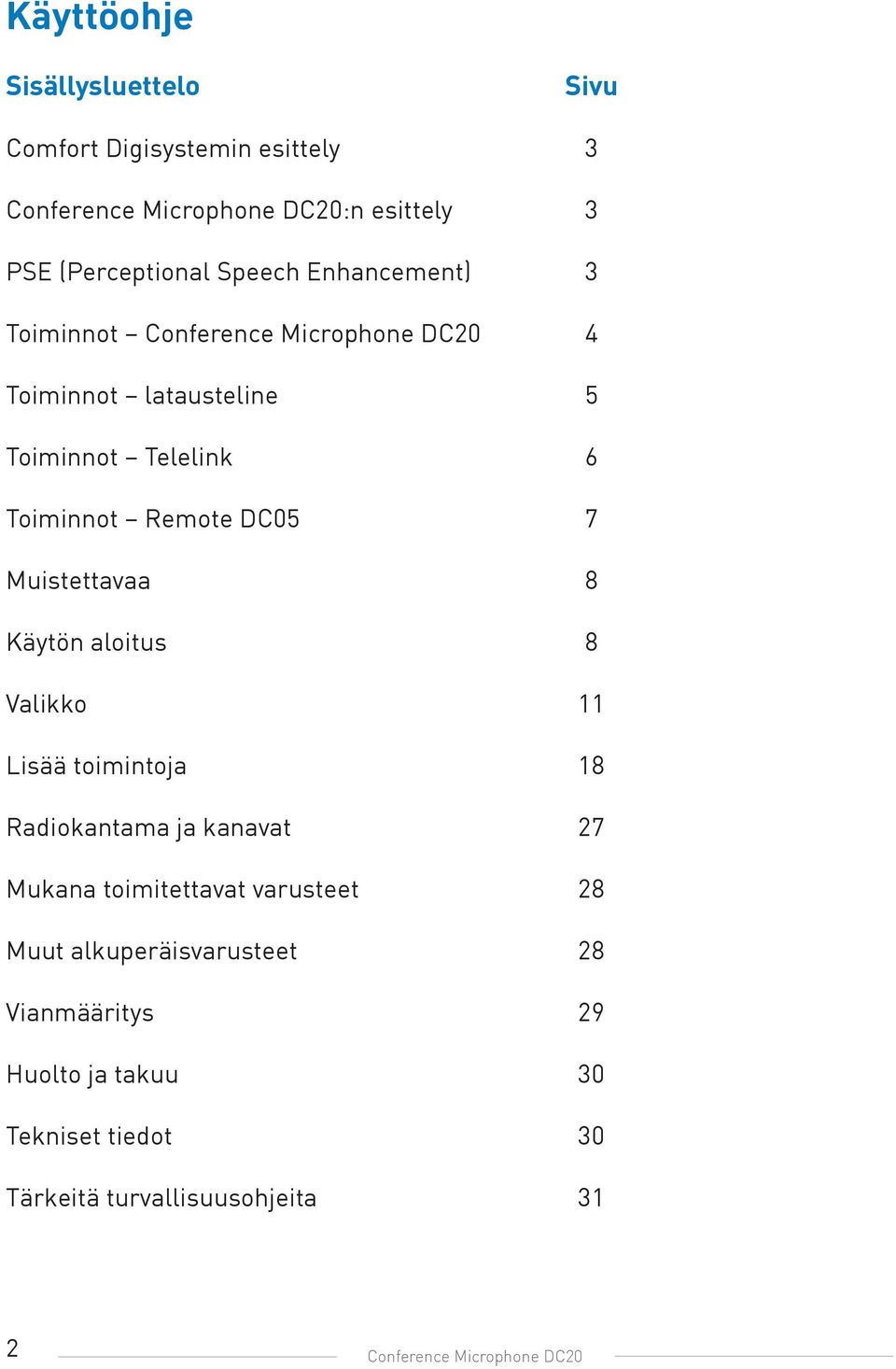 Muistettavaa 8 Käytön aloitus 8 Valikko 11 Lisää toimintoja 18 Radiokantama ja kanavat 27 Mukana toimitettavat varusteet 28 Muut