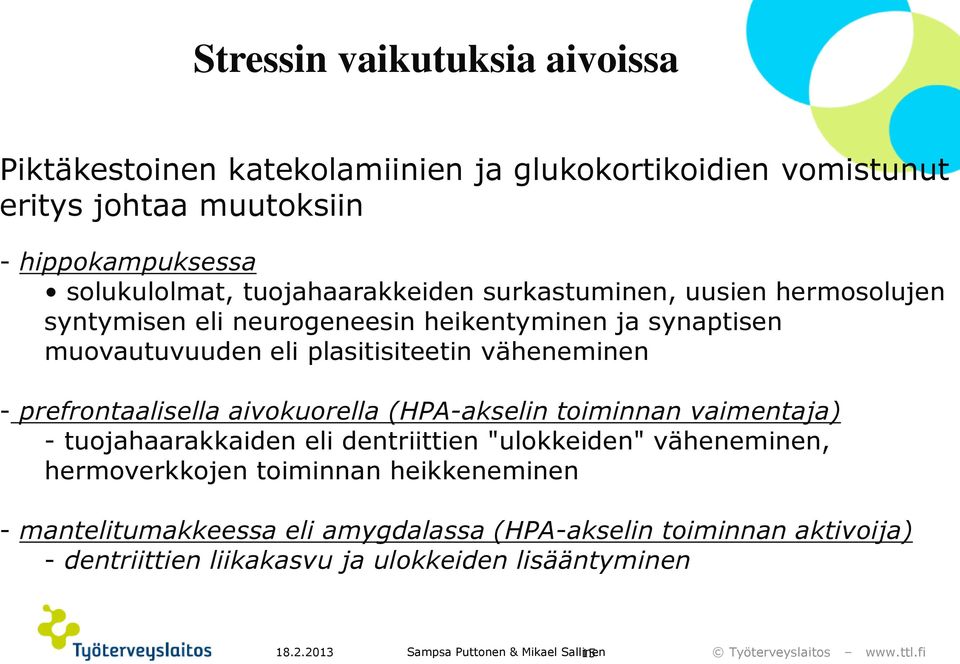 prefrontaalisella aivokuorella (HPA-akselin toiminnan vaimentaja) - tuojahaarakkaiden eli dentriittien "ulokkeiden" väheneminen, hermoverkkojen toiminnan