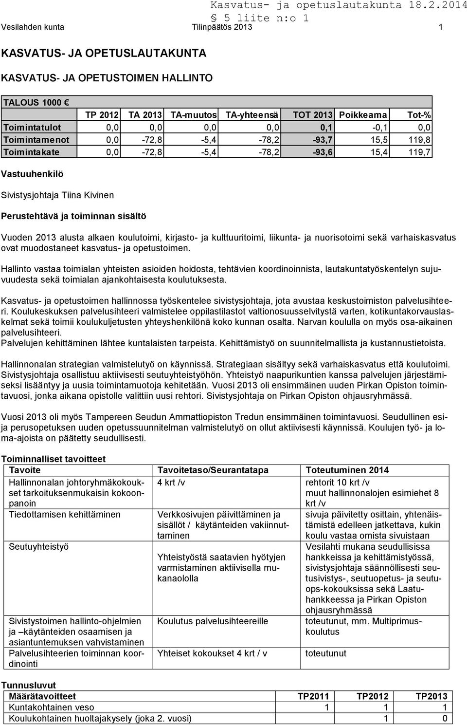 2013 alusta alkaen koulutoimi, kirjasto- ja kulttuuritoimi, liikunta- ja nuorisotoimi sekä varhaiskasvatus ovat muodostaneet kasvatus- ja opetustoimen.