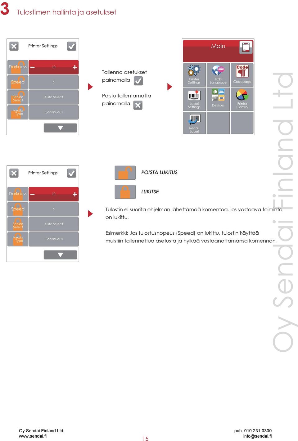 Printer Settings Label Settings Recall Label LCD Language Devices Codepage Printer Control Tulostin ei suorita ohjelman lähettämää komentoa, jos