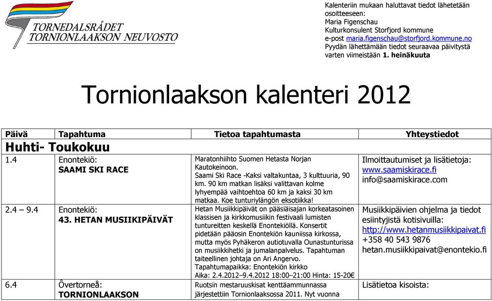 4 Ôvertorneå: TORNIONLAAKSON Maratonhiihto Suomen Hetasta Norjan Kautokeinoon. Saami Ski Race -Kaksi valtakuntaa, 3 kulttuuria, 90 km.