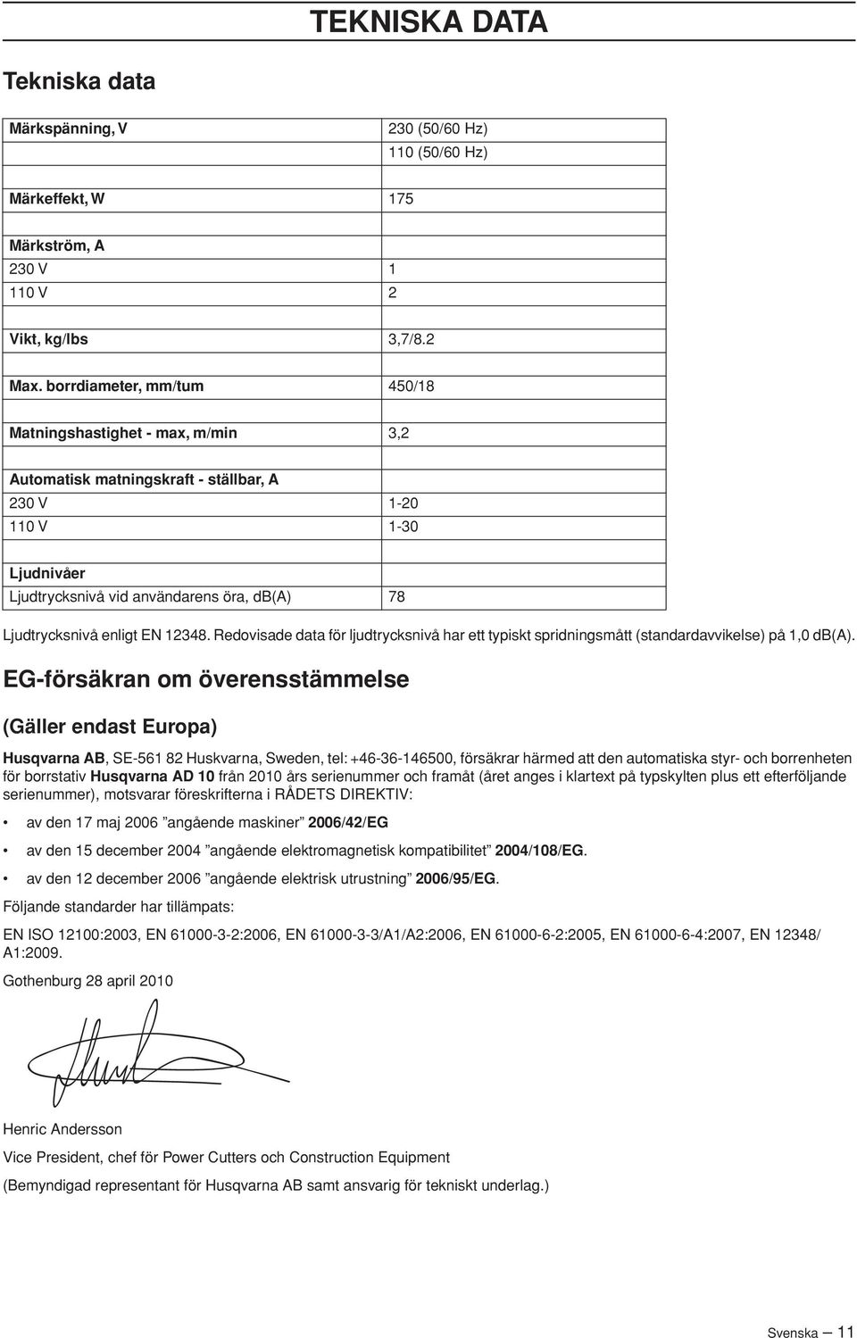 enligt EN 12348. Redovisade data för ljudtrycksnivå har ett typiskt spridningsmått (standardavvikelse) på 1,0 db(a).