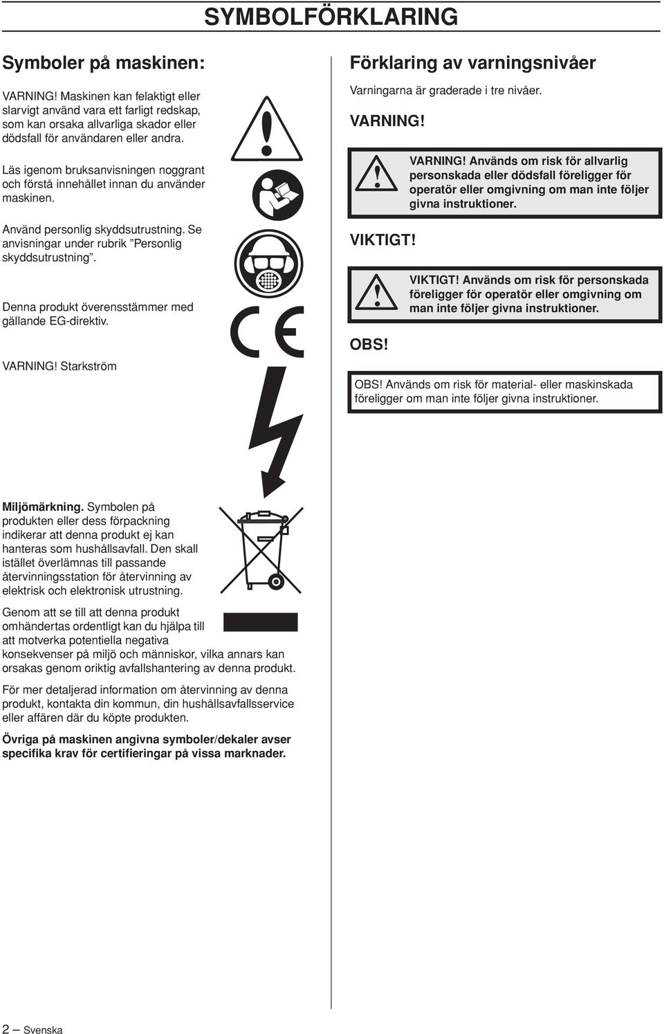 Denna produkt överensstämmer med gällande EG-direktiv. VARNING Starkström Förklaring av varningsnivåer Varningarna är graderade i tre nivåer.