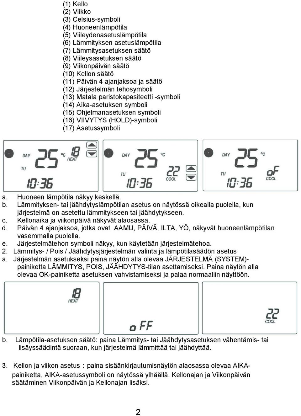 VIIVYTYS (HOLD)-symboli (17) Asetussymboli a. Huoneen lämpötila näkyy keskellä. b.