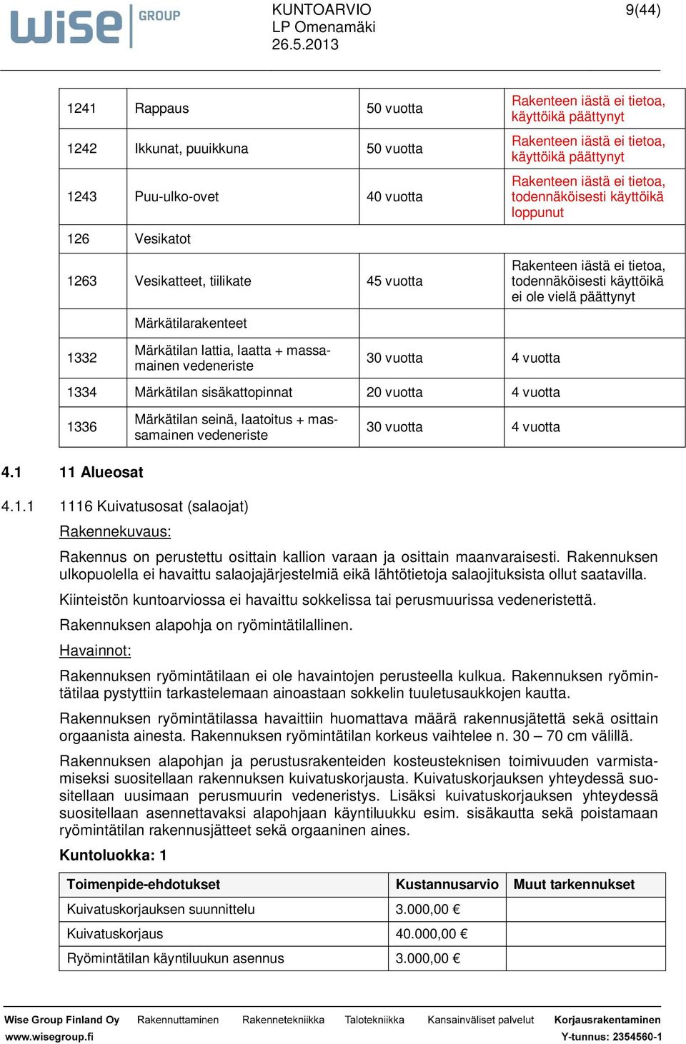 Märkätilarakenteet Märkätilan lattia, laatta + massamainen vedeneriste 30 vuotta 4 vuotta 1334 Märkätilan sisäkattopinnat 20 vuotta 4 vuotta 1336 Märkätilan seinä, laatoitus + massamainen vedeneriste