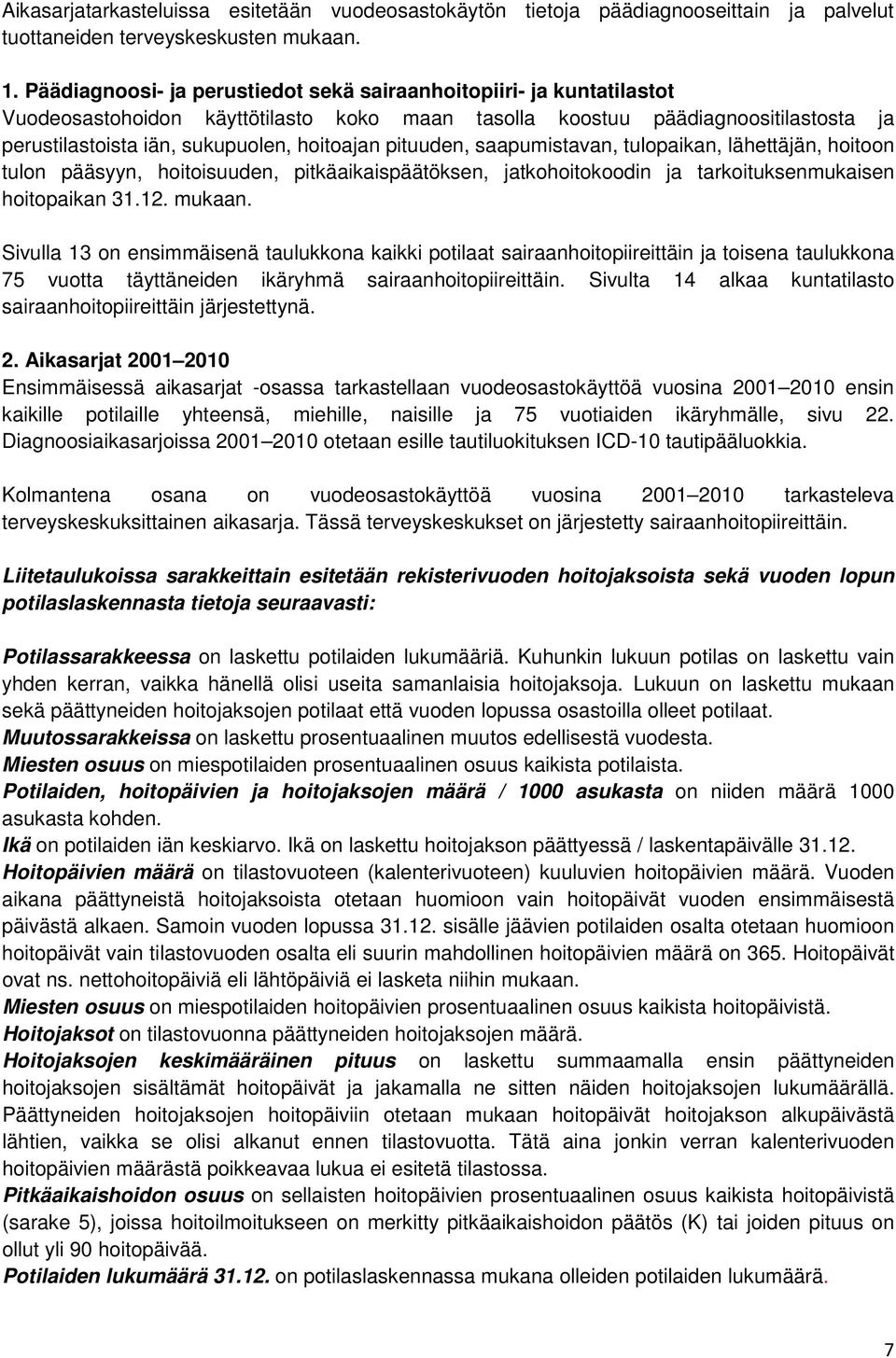 pituuden, saapumistavan, tulopaikan, lähettäjän, hoitoon tulon pääsyyn, hoitoisuuden, pitkäaikaispäätöksen, jatkohoitokoodin ja tarkoituksenmukaisen hoitopaikan 31.12. mukaan.