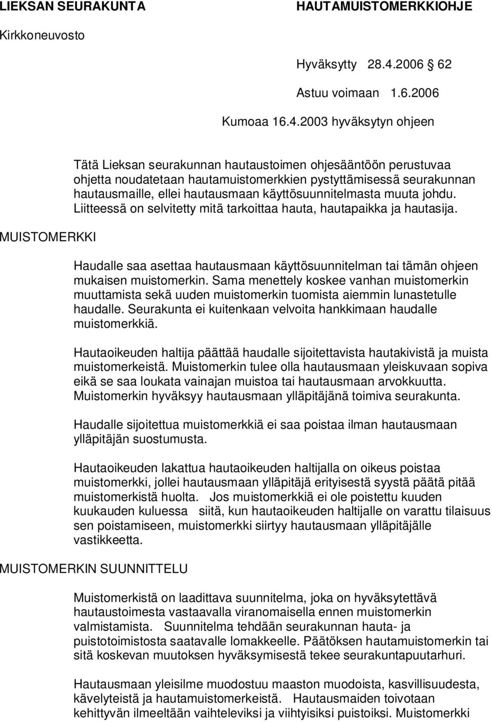 2003 hyväksytyn ohjeen MUISTOMERKKI Tätä Lieksan seurakunnan hautaustoimen ohjesääntöön perustuvaa ohjetta noudatetaan hautamuistomerkkien pystyttämisessä seurakunnan hautausmaille, ellei hautausmaan