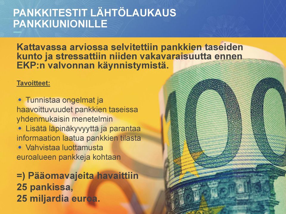 11 Tavoitteet: Tunnistaa ongelmat ja haavoittuvuudet pankkien taseissa yhdenmukaisin menetelmin Lisätä