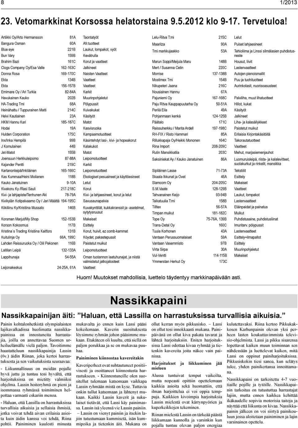 Vaatteet Ekta 156-157B Vaatteet Emimare Oy / Ari Turkia 82-84A Karkit Havukainen Kauko 202B Muurinpohjaletut HA-Trading Tmi 68A Pölypussit Heinähattu / Tuppurainen Matti 214C Kuivakukat Helvi