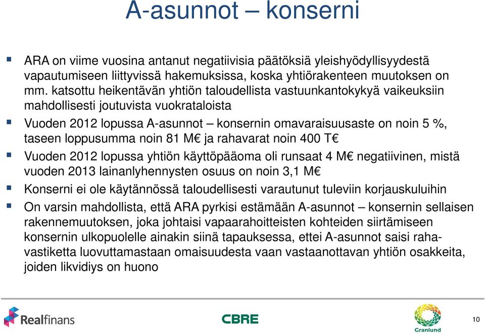 noin 81 M ja rahavarat noin 400 T Vuoden 2012 lopussa yhtiön käyttöpääoma oli runsaat 4 M negatiivinen, mistä vuoden 2013 lainanlyhennysten osuus on noin 3,1 M Konserni ei ole käytännössä