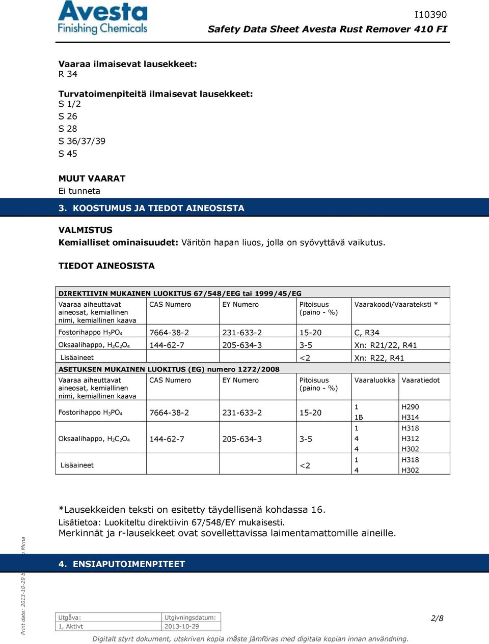 TIEDOT AINEOSISTA DIREKTIIVIN MUKAINEN LUOKITUS 67/548/EEG tai 1999/45/EG Vaaraa aiheuttavat aineosat, kemiallinen nimi, kemiallinen kaava CAS Numero EY Numero Pitoisuus (paino - %) Fostorihappo H 3