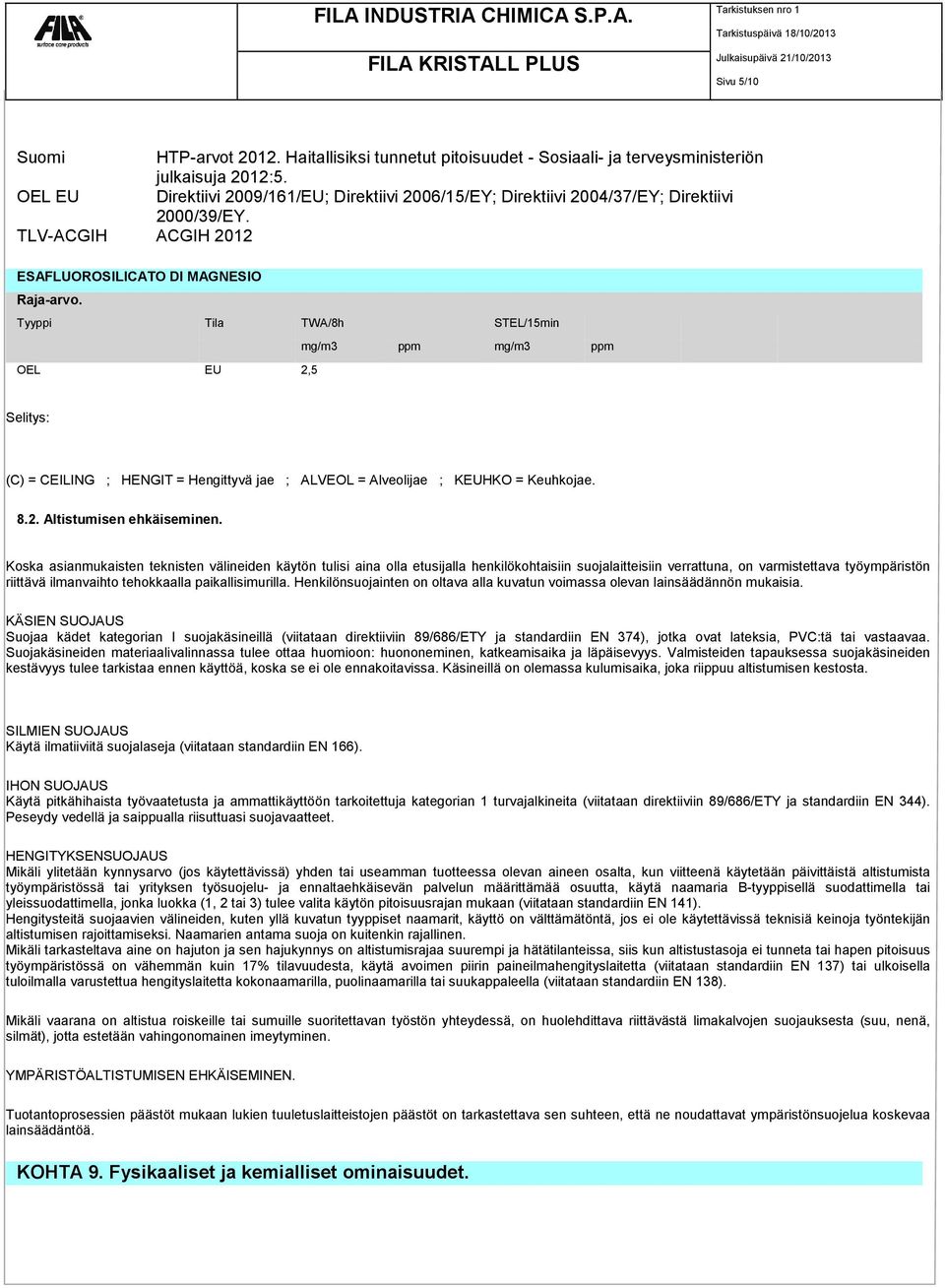 Tyyppi Tila TWA/8h STEL/15min OEL EU 2,5 mg/m3 ppm mg/m3 ppm Selitys: (C) = CEILING ; HENGIT = Hengittyvä jae ; ALVEOL = Alveolijae ; KEUHKO = Keuhkojae. 8.2. Altistumisen ehkäiseminen.