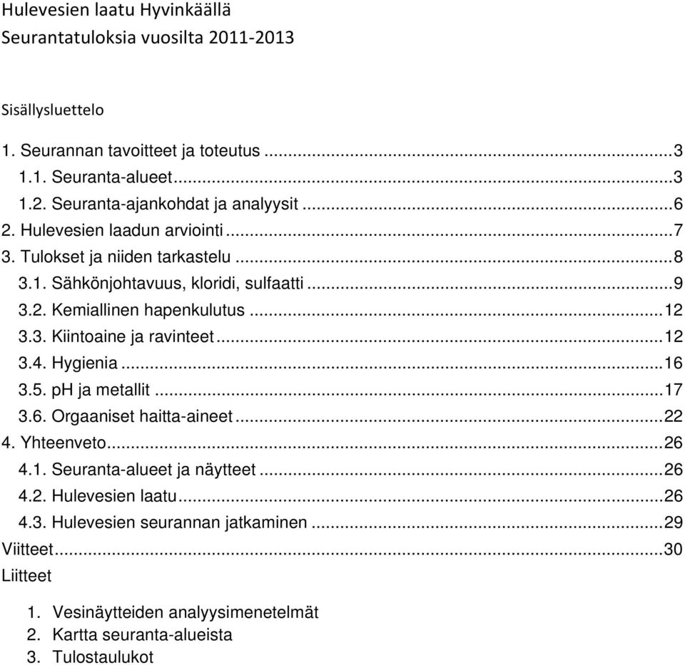 .. 12 3.4. Hygienia... 16 3.5. ph ja metallit... 17 3.6. Orgaaniset haitta-aineet... 22 4. Yhteenveto... 26 4.1. Seuranta-alueet ja näytteet... 26 4.2. Hulevesien laatu... 26 4.3. Hulevesien seurannan jatkaminen.