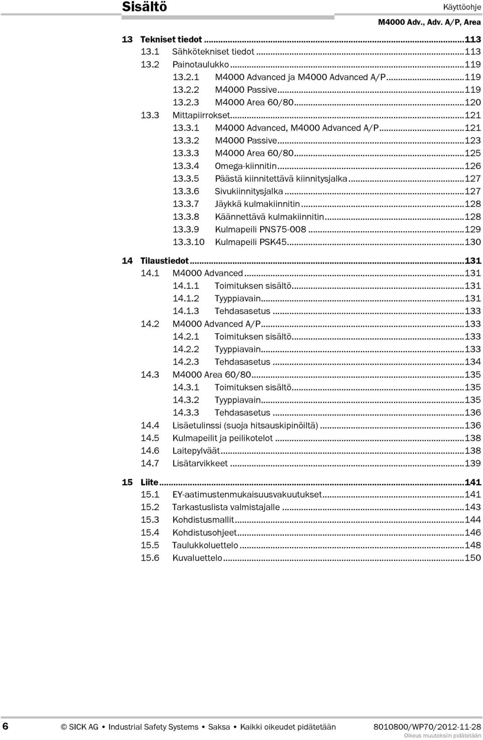 ..127 13.3.6 Sivukiinnitysjalka...127 13.3.7 Jäykkä kulmakiinnitin...128 13.3.8 Käännettävä kulmakiinnitin...128 13.3.9 Kulmapeili PNS75D008...129 13.3.10 Kulmapeili PSK45...130 14 Tilaustiedot.